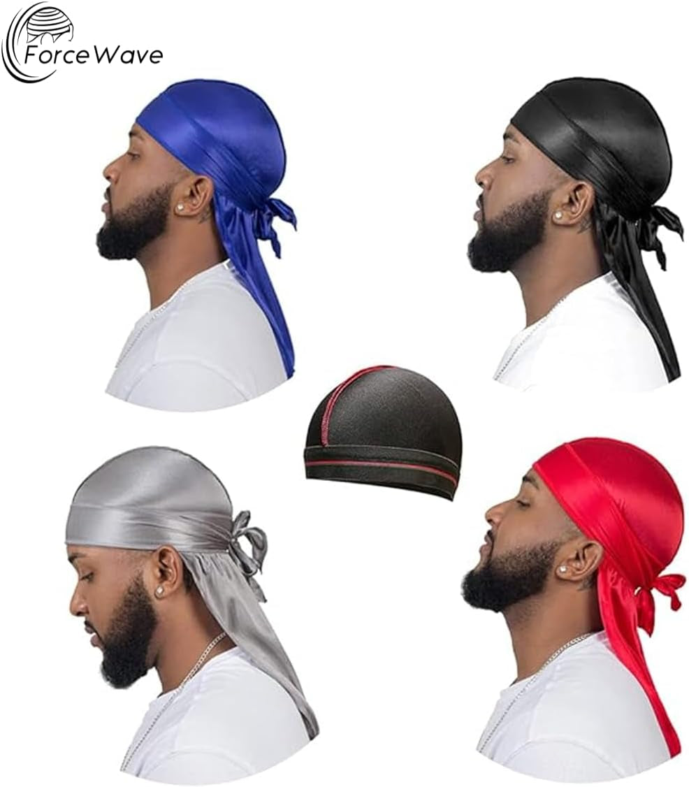 4PCS Silky Durags for Men Women 360 Waves with 1 Wave Cap, Silky Satin Durag Extra Long Tails - PHamily Hair Care 