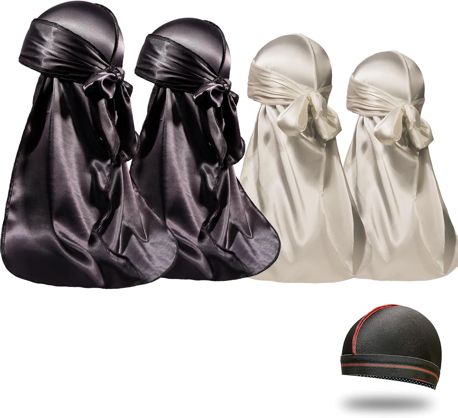 4PCS Silky Durags for Men Women 360 Waves with 1 Wave Cap, Silky Satin Durag Extra Long Tails - PHamily Hair Care 