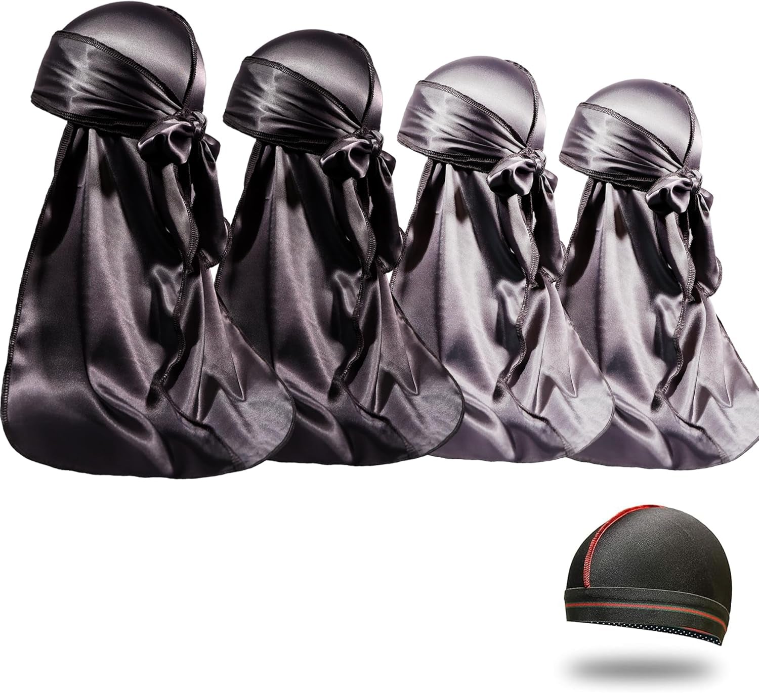 4PCS Silky Durags for Men Women 360 Waves with 1 Wave Cap, Silky Satin Durag Extra Long Tails