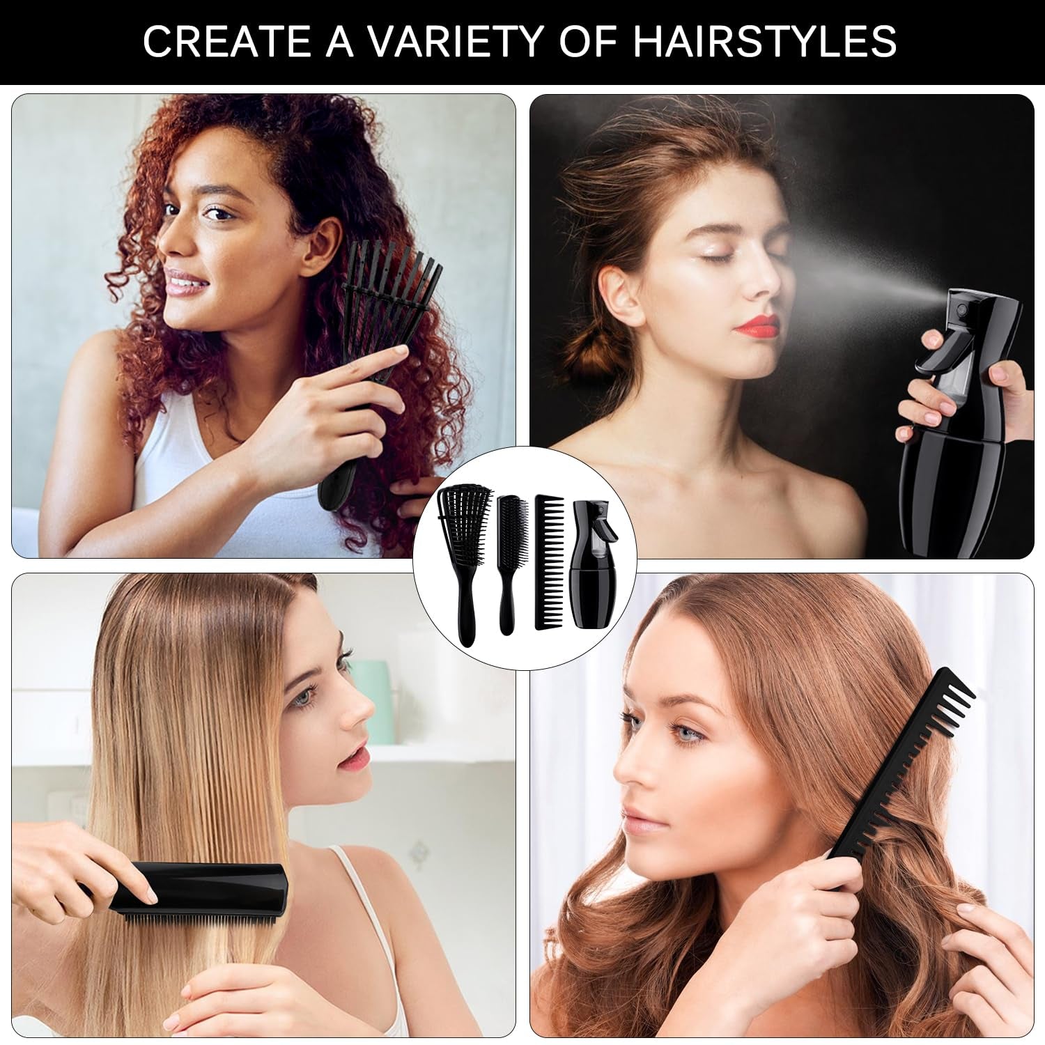 4Pcs Curly Hair Brush Set for Adult & Kids Wet or Dry, Detangling Brush for 3/4ABC Hair with Detangler Spray Bottle & Wide Tooth Comb (3+1, Black) - PHamily Hair Care 