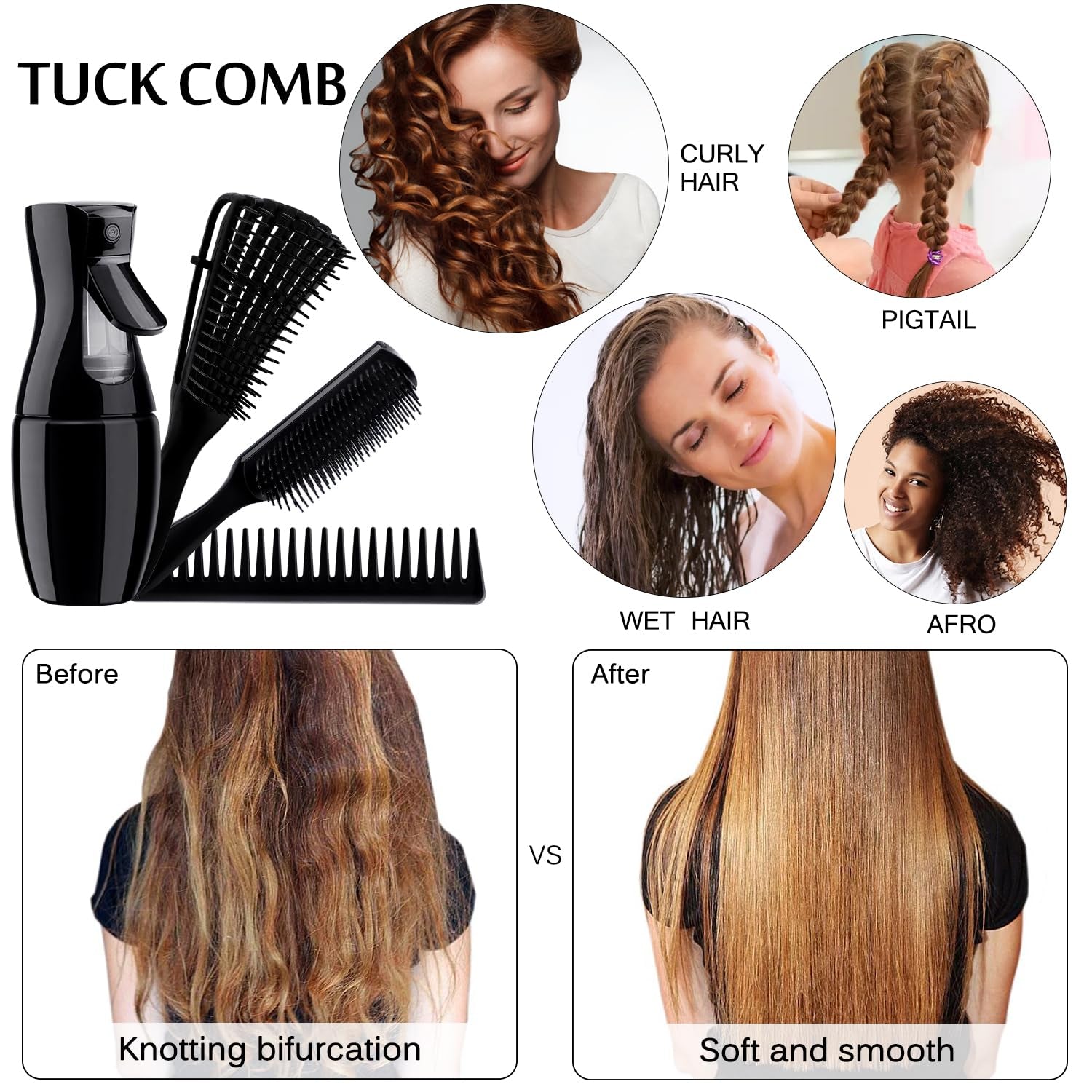 4Pcs Curly Hair Brush Set for Adult & Kids Wet or Dry, Detangling Brush for 3/4ABC Hair with Detangler Spray Bottle & Wide Tooth Comb (3+1, Black)