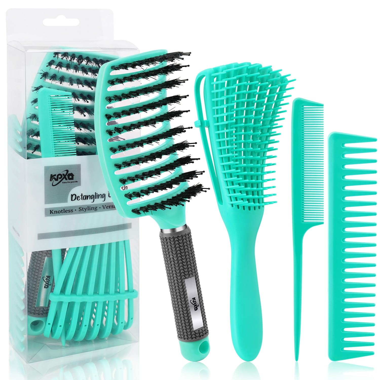 4Pcs Curly Hair Brush Set for Adult & Kids Wet or Dry, Detangling Brush for 3/4ABC Hair with Detangler Spray Bottle & Wide Tooth Comb (3+1, Black)