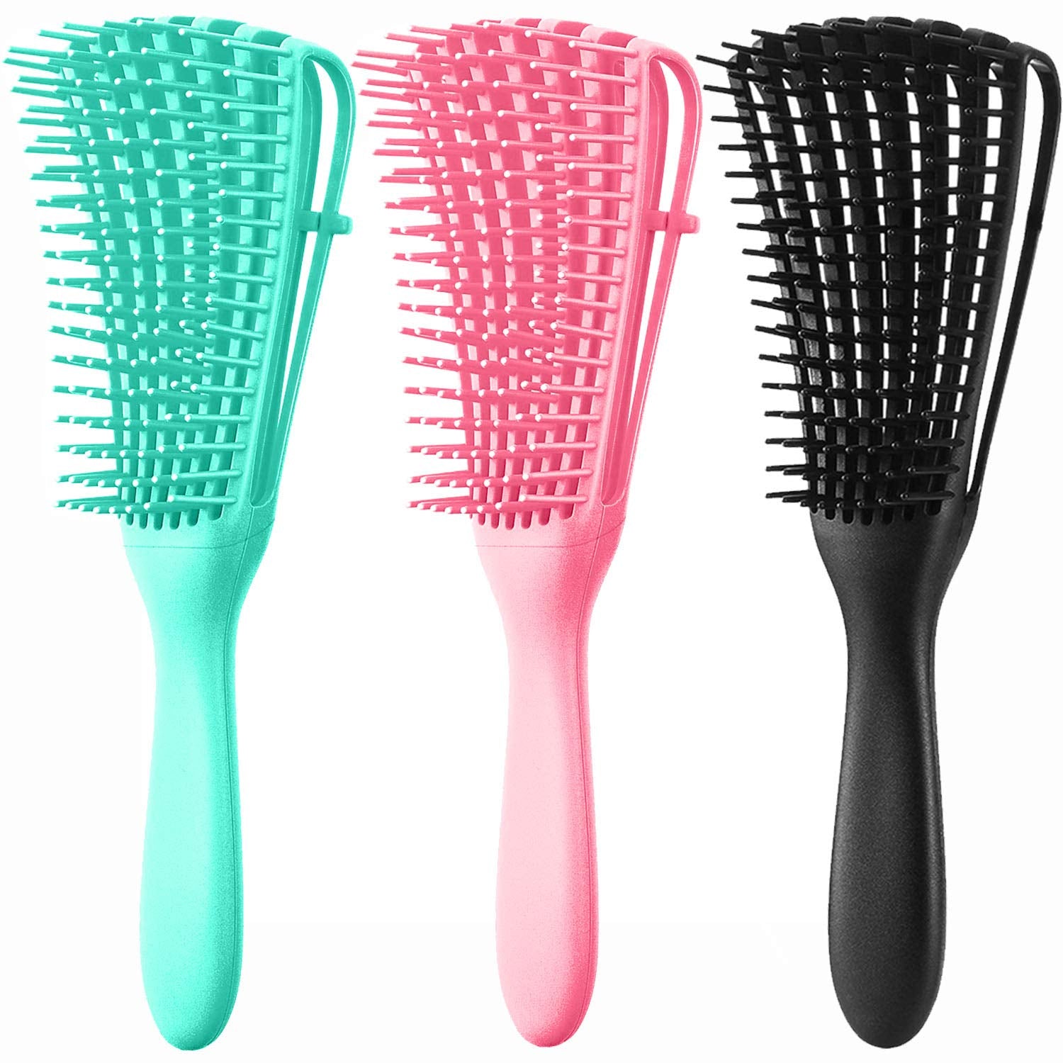 4Pcs Curly Hair Brush Set for Adult & Kids Wet or Dry, Detangling Brush for 3/4ABC Hair with Detangler Spray Bottle & Wide Tooth Comb (3+1, Black)