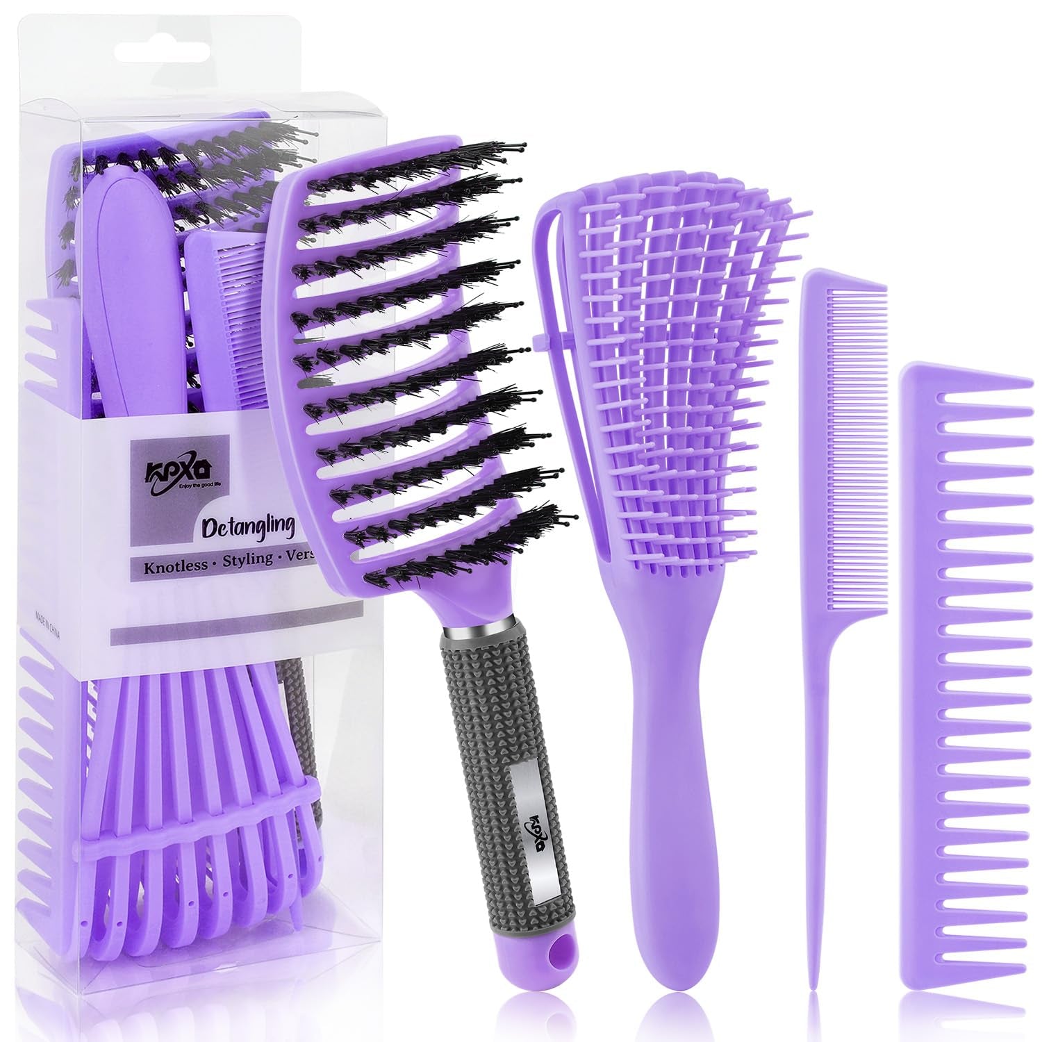 4Pcs Curly Hair Brush Set for Adult & Kids Wet or Dry, Detangling Brush for 3/4ABC Hair with Detangler Spray Bottle & Wide Tooth Comb (3+1, Black)