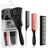 4Pcs Curly Hair Brush Set for Adult & Kids Wet or Dry, Detangling Brush for 3/4ABC Hair with Detangler Spray Bottle & Wide Tooth Comb (3+1, Black) - PHamily Hair Care 