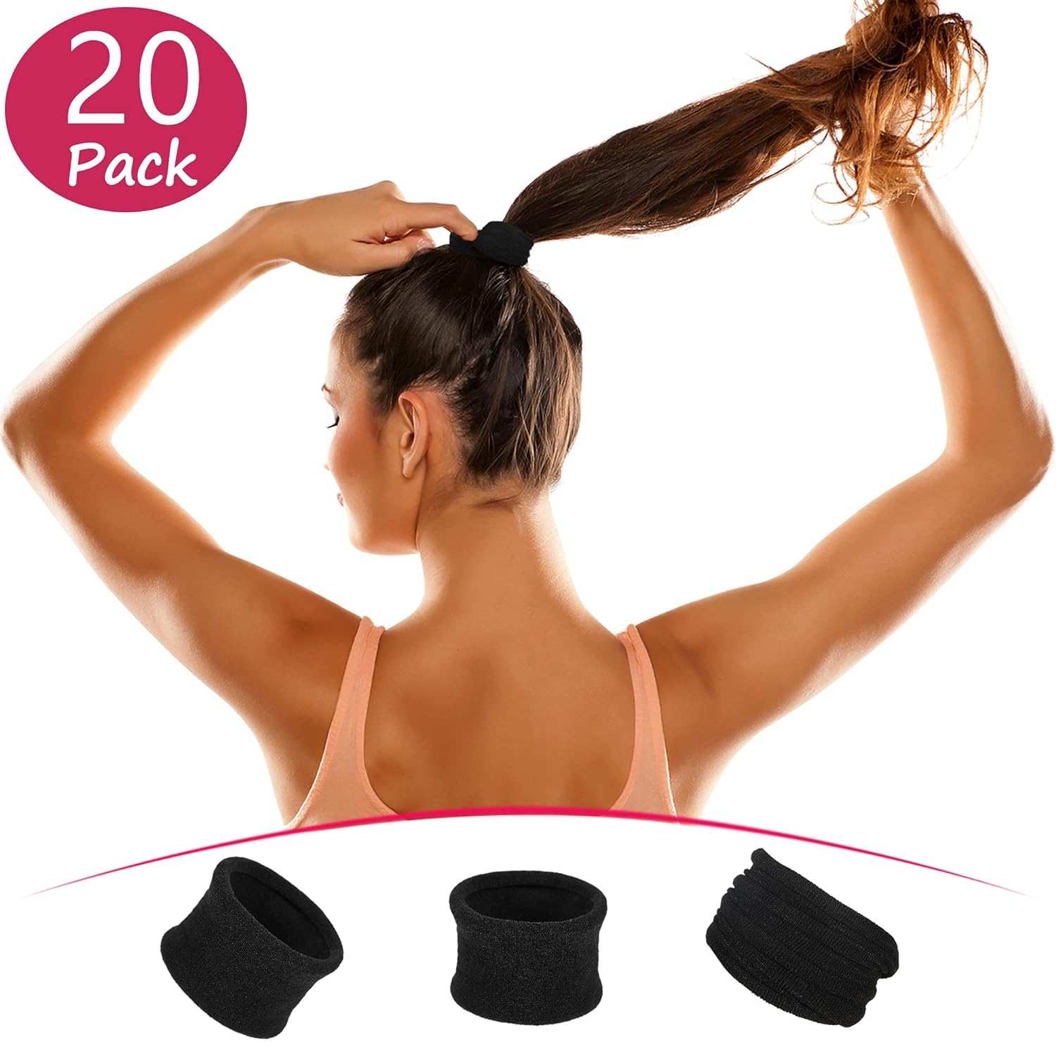 20 Large Cotton Stretch Hair Ties - Thick Hair, 6.5 cm Diameter (Black)