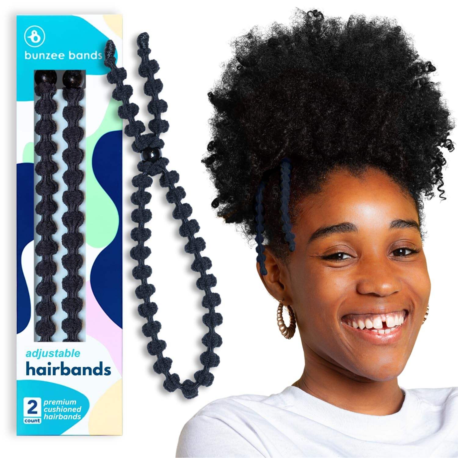 Large Hair Band for Thick, Curly, Natural Hair - Cushioned No Damage HNO HEADACHES – Tired of the scalp tension and pain caused by other hair rubber bands? Bunzees woven cushions absorb and alleviate most of the pulling, yanking and tuBraids, Pineapple Hair - Afro Puff Ponytail Holder - Adjustable, Extra Stretchy (Black 2Pk)