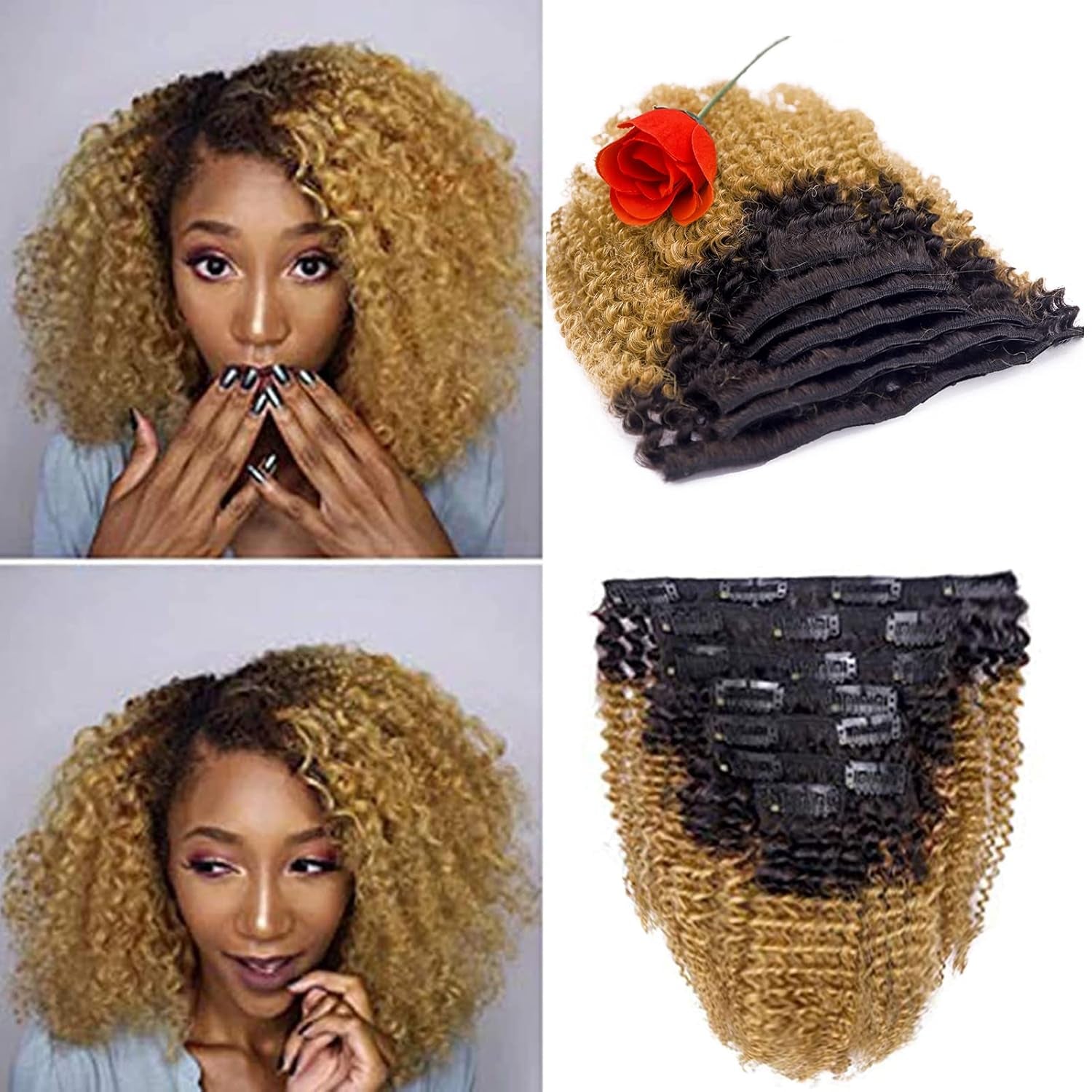 Ombre Curly Clip in Hair Extensions 4B 4C Afro Kinkys Curly Hair Extensions Clip in for Black Women 8A Virgin Natural Human Hair Full Head Kinky Hair Clip Ins Two Tone Ombre 120G #1B/99J AC 14Inch