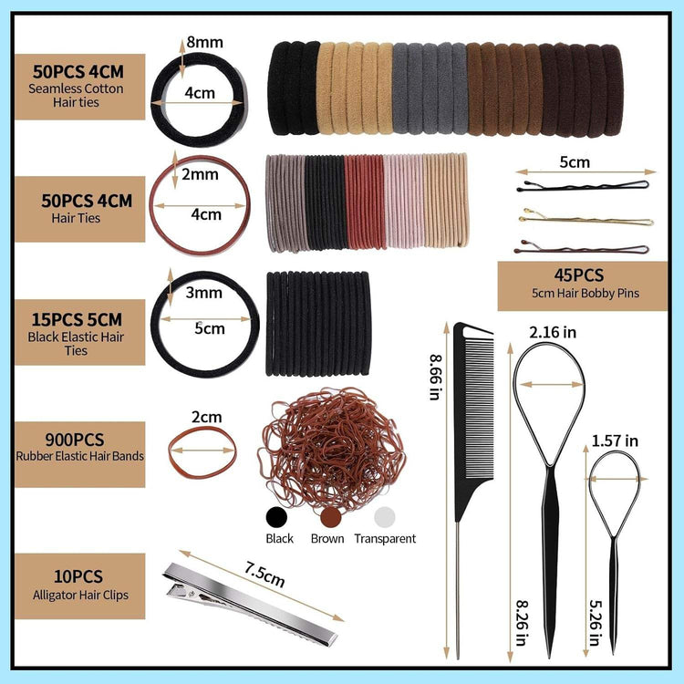 ALL-IN-ONE ACCESSORY KIT:  Elastic Hair Ties Kit, Hair Accessories forGreat Value Hair Ties Kit: Includes 900PCS rubber elastic hair bands( transparent, black and brown) and each color 300PCS + 15PCS 4mm black elastic hair ties + 50PCSElastic Hair Bands, Black Hair Ties, Cotton Hair Tie, Rubber Hair Bands, Hair Pins, Tie Hair Tools, Rat Tail Comb, Hair Ties Kit