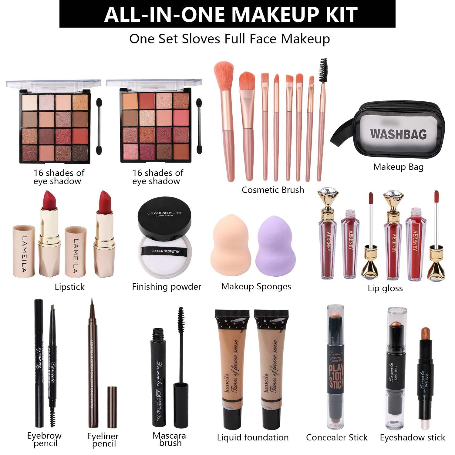 Makeup Kit All-In-One Makeup Gift Set for Women Full Kit,Including Tra【All In One Makeup Set】This makeup set for girls contains: 2 x 16-color Eyeshadow Palettes, 2 x Lip Glosses, 2 x Lipsticks, 2 x Foundations, Powder, 8 x Makeup BrushMakeup Gift Set