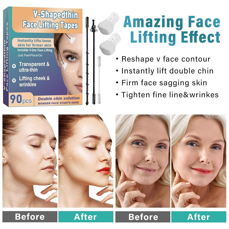 Face Lift Tape, Face Tape Lifting Invisible,90Pcs High Elasticity Instant Face Lift Tape V-Shaped for Lifting Sagging Skin, Hide Double Chin & Facial Wrinkles