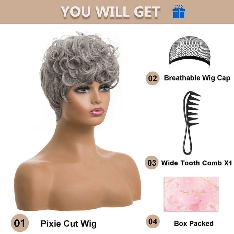 Grey Pixie Cut Wig with Bangs - Short and Fluffy, Natural Wavy Style for Black Women (Grey)











Worried that your wispy locks can't accommodate a bold short hairstyle? The combination of pixie cut hair and Gray color can give you a smartFluffy, Natural Wavy Style