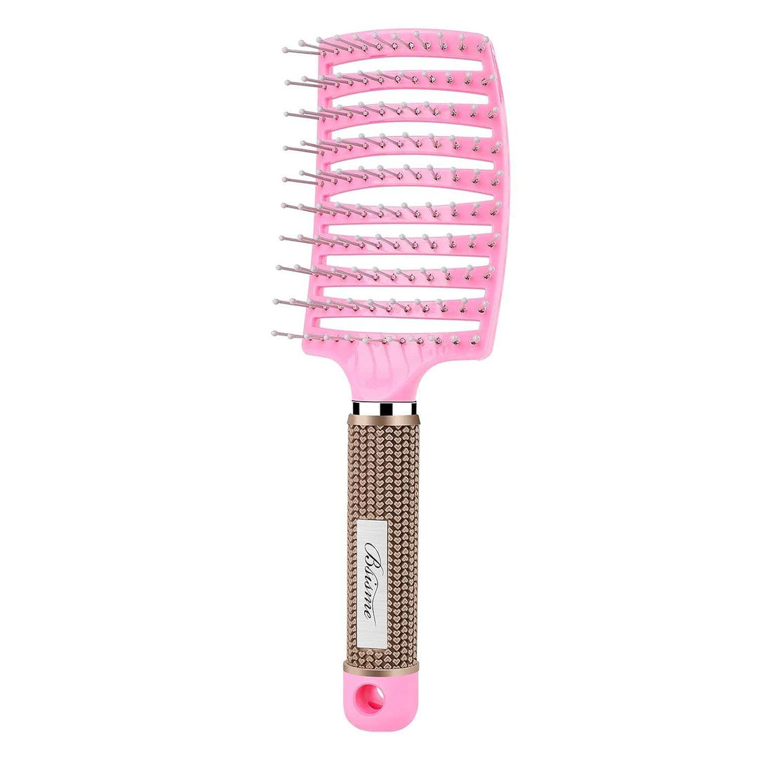 Professional curved vented hairbrush designed for less hair shedding, suitable for both men and women. This paddle brush is perfect for detangling wet or dry curly, thick, and straight hair.