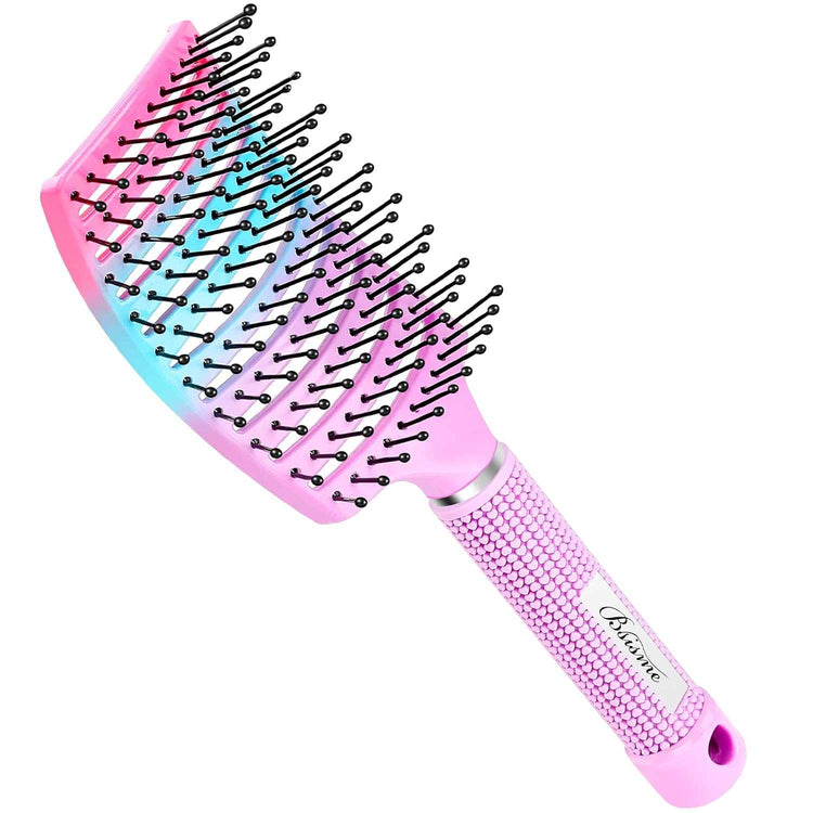 Professional curved vented hairbrush designed for less hair shedding, suitable for both men and women. This paddle brush is perfect for detangling wet or dry curly, thick, and straight hair.