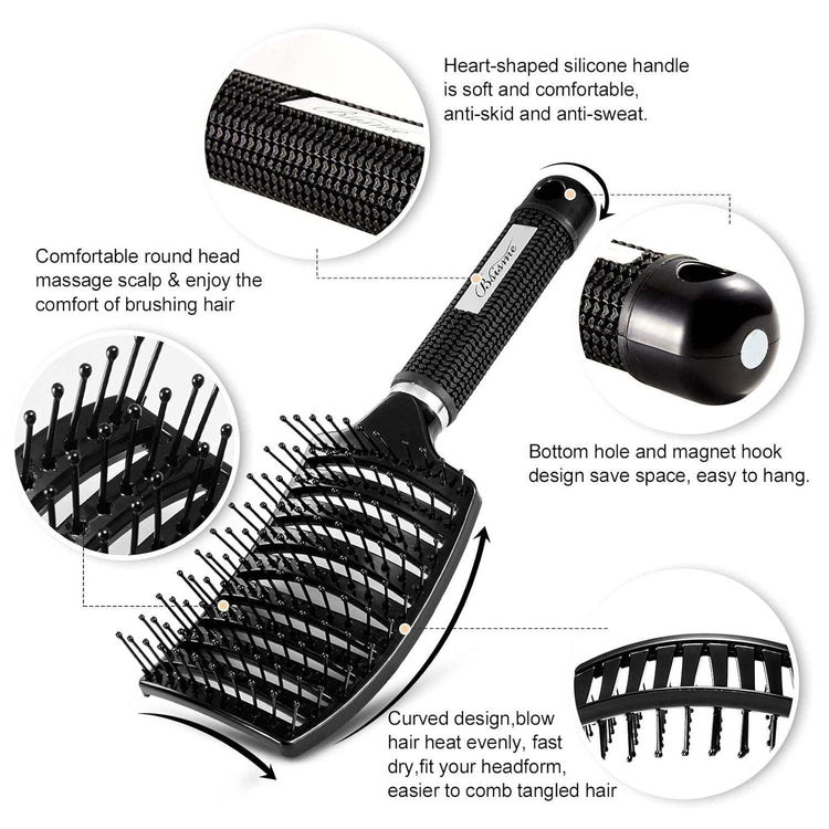 Professional curved vented hairbrush designed for less hair shedding, suitable for both men and women. This paddle brush is perfect for detangling wet or dry curly, thick, and straight hair.