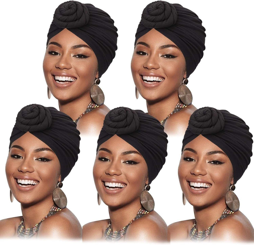 5 Pack Knotted Headwraps for Women African Turban Pre-Knotted Beanie Headwraps Hair Covers