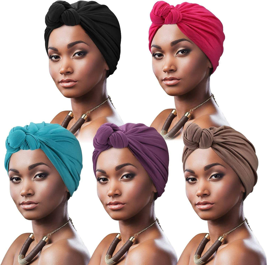 5 Pack Knotted Headwraps for Women African Turban Pre-Knotted Beanie Headwraps Hair Covers