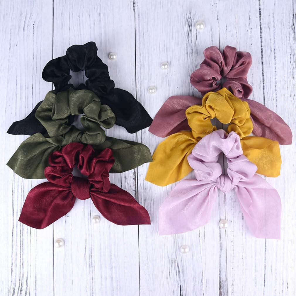 6PCS Hair Scrunchies Satin SilkRabbit Bunny Ear Bow Bowknot Scrunchie Bobbles Elastic Hair Ties 